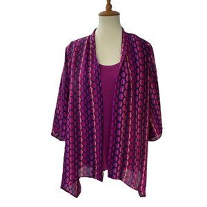 Slinky Brand 2 Pc Set Open Front Cardigan & Tank Top Size S 3/4 Sleeve Pink